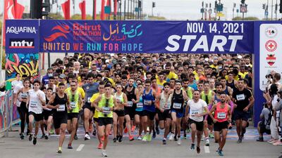 Competitors run from the starting point during the annual Beirut Marathon, in the Lebanese capital, on Sunday. AFP