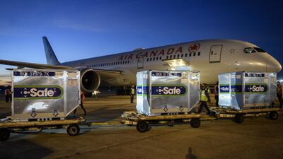 Shipping containers with 2,000,000 Oxford-AstraZeneca Covid-19 vaccines arrive in Argentina from the US. AFP Photo