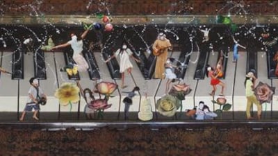 Shurooq Amin's Mara7 7aram, mixed media on canvas, for the exhibition We'll Build This City on Art and Love at Ayyam Gallery. Courtesy Shurooq Amin and Ayyam Gallery