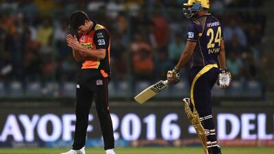 Sunrisers Hyderabad's Moises Henriques, left, celebrates the dismissal of Kolkata Knight Riders' Yusuf Pathan during the Indian Premier League Eliminator at New Delhi on Wednesday night. Money Sharma / AFP