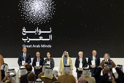 Sheikh Mohammed bin Rashid, Vice President and Ruler of Dubai, with last year's Great Arab Minds winners. Antonie Robertson / The National