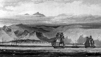 Lithograph titled View of Lima from the sea near Callao, Lima, Peru, in 1840. It is said to have been stolen by the crew of a ship tasked with sailing it to Mexico in 1820. Getty