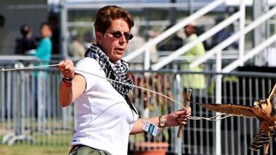 Angie Chick from England shows her one year old Falcon hunting skills at the second International Festival of Falconry at al Jahili Fort yesterday in Al Ain.