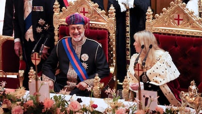 Oman's Sultan Haitham attends a state banquet at London's Guildhall. AFP