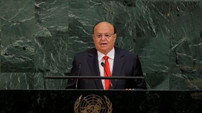 Yemen president Abdrabu Mansur Hadi addresses the 72nd United Nations General Assembly in New York. Lucas Jackson / Reuters