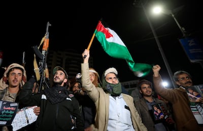 Yemenis loyal to the Houthis attend a gathering in Sanaa on Saturday in support of the escalation against Israel. EPA