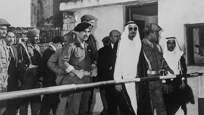 Prince Muhammed bin Talal, left, with Saudi Prince Mohsen Abdulaziz, the governor of Madinah, at the Jordanian border on June 7, 1967. Getty Images