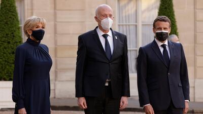 French President Emmanuel Macron and his wife Brigitte Macron welcomes Tunisia's President Kais Saied. EPA