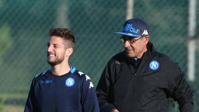 Former Napoli manager Maurizio Sarri, right, with Dries Mertens, is reportedly "close" to completing a deal to become Chelsea manager. EPA