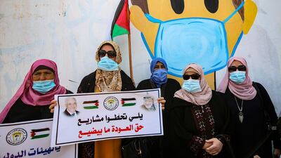 Palestinian women take part in a rally to protest against the reduction of the food basket provided by the United Nations relief fund in the town of Khan Yunis in the Southern Gaza Strip. AFP