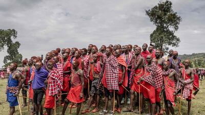 A group of Maasai men watch the activities during the Eunoto ceremony in a remote area near Kilgoris, Kenya. AFP