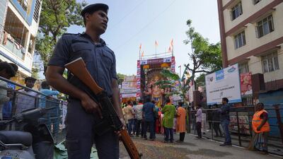 Police maintain security during festival celebrations in Hyderabad. AP Photo