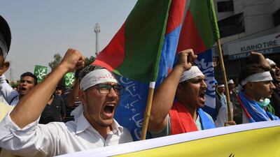 Protesters chant slogans against the acquittal of Christian woman Asia Bibi of blasphemy, in Karachi on November 1, 2018. AFP