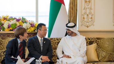 Sheikh Mohammed bin Zayed, Crown Prince of Abu Dhabi and Deputy Supreme Commander of the Armed Forces, receives Yosuke Takagi, Minister of State for Economy, Trade and Industry of Japan (2nd R), during a Sea Palace barza. Mohamed Al Hammadi / Crown Prince Court - Abu Dhabi
