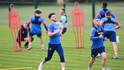 Declan Rice, left, and Jarrod Bowen training on the eve of West Ham United's Europa League semi-final second leg against Eintracht Frankfurt. AFP