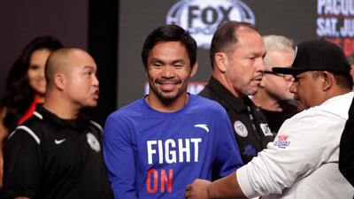 Manny Pacquiao arrives for his weigh-in for the fight against Keith Thurman. AFP