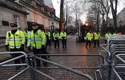 Police outside the Israeli Embassy in London. EPA