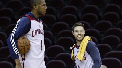 Cleveland Cavaliers guard Matthew Dellavedova of Australia (R) and Cleveland Cavaliers guard James Jones (L), during NBA Finals practice at Quicken Loans Arena in Cleveland, Ohio, USA, 07 June 2016. John G Mabanglo / EPA