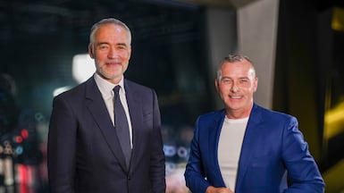 Anthony Gutman,left, with Manus Cranny at The National's offices in Abu Dhabi. Diyab Basher / The National