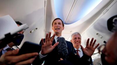 Senior White House adviserJared Kushner and US National Security Adviser Robert O’Brien speak to the media in an El Al airplane. AFP