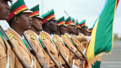 Members of the Ethiopian Honour Guard stand to attention during a reception at the Adis Ababa Bole International Airport. Mohamed Al Hammadi / Crown Prince Court - Abu Dhabi