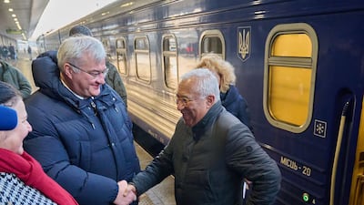 Ukraine's Foreign Minister Andriy Sybiga, left, greets European Council President Antonio Costa upon his arrival in Kyiv. AFP
