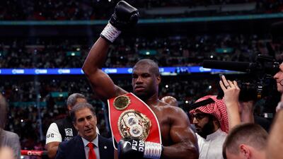 Daniel Dubois celebrates after winning his IBF heavyweight world title fight against Anthony Joshua at Wembley Stadium on September 21, 2024. Reuters