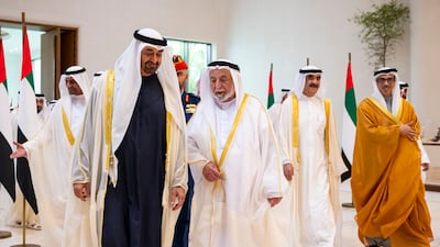 President Sheikh Mohamed receives Sheikh Dr Sultan bin Muhammad Al Qasimi, Ruler of Sharjah, at the Eid Al Adha reception. Also present were Sheikh Saud bin Rashid Al Mualla, Ruler of Umm Al Quwain, and Sheikh Mansour bin Zayed, Vice President, Deputy Prime Minister and Chairman of the Presidential Court.