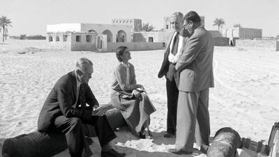 Susan Hillyard, husband Tim and an oil industry delegation close to Qasr Al Hosn. Literary Estate of Roderic Owen
