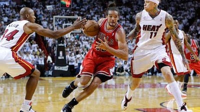 Miami Heat's Ray Allen, left, had an excellent Game 2 against the Chicago Bulls. Joe Skipper / Reuters