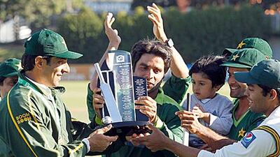 Pakistan players celebrate winning their first Test series in five years.
