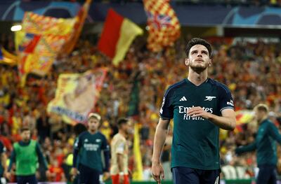 Arsenal's Declan Rice looks dejected after defeat to Lens. Reuters