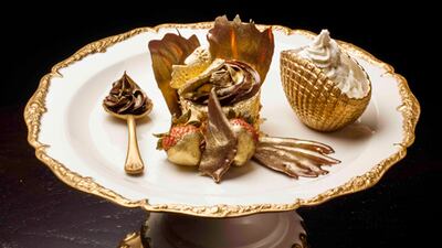 The Golden Phoenix cupcake, made using 23-carat edible gold sheets, sells for Dh3,700 at the cupcake franchise Bloomsbury’s in the Dubai Mall.