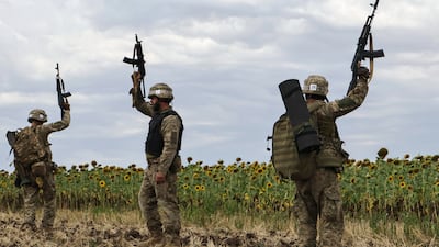 Ukrainian recruits undergoing training in the Zaporizhzhia region. EPA