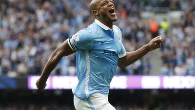 Vincent Kompany celebrates after scoring the second goal for Manchester City against Chelsea. Reuters