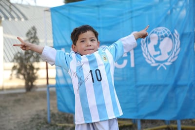 Murtaza was given an official Messi Argentina shirt. Courtesy Unicef
