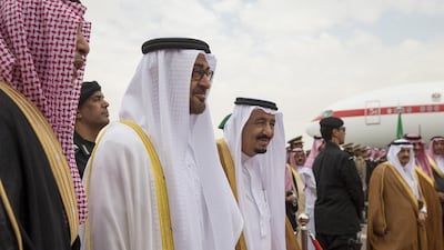 The Crown Prince of Abu Dhabi is greeted by King Salman of Saudi Arabia, upon arriving in Riyadh to attend the GCC Summit. Mohamed Al Hammadi / Crown Prince Court - Abu Dhabi