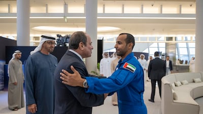 President Sheikh Mohamed and Mr El Sisi greet Hazza Al Mansoori, UAE astronaut