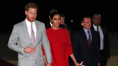 Prince Harry, Duke of Sussex and wife Meghan, Duchess of Sussex, are welcomed by British Ambassador to Morocco Thomas Reilly as they arrive at Casablanca Airport. EPA