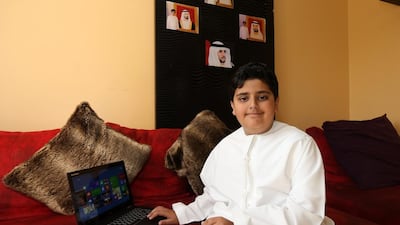 Ten-year-old Adeeb Al Balooshi at home in Dubai. The schoolboy is thought to be one of the youngest inventors in the world. Pawan Singh / The National