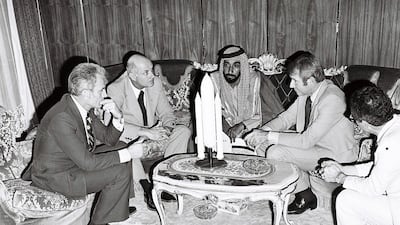 Dr El-Baz (left) and Sheikh Zayed (middle), with three astronauts. Courtesy: Dubai Media Office