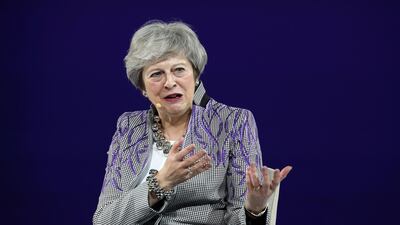 Former UK Prime Minister Theresa May speaks during the Global Women's Forum Dubai. Pawan Singh/The National