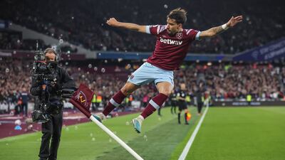 Lucas Paqueta of West Ham celebrates after scoring the opening goal. EPA