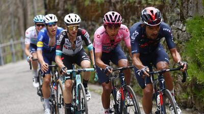 Team Ineos rider and race leader Egan Bernal in the pink jersey. AFP