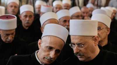 Druze clerics take part in a gathering of minority religious leaders in Beirut, on July 18, as they speak about sectarian clashes in Syria. AP