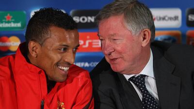 Nani, shares a laugh with Manchester United manager Alex Ferguson, although that wasn't always the way in their relationship. Getty Images