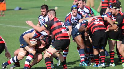 Both teams play hard to deliver an exciting finish as the Jebel Ali Dragons II take on The Sharjah Wanderers in the finals of the UAE Conference at the Sharjah Wanderers Sports Club on 25 March, 2016. Navin Khianey for The National