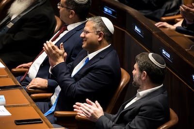 Minister of National Security Itamar Ben Gvir, left, and Minister of Finance Bezalel Smotrich, right, at the Israeli parliament in December. Getty Images