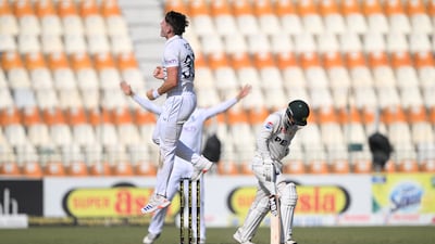 England bowler Matthew Potts celebrates after taking the wicket of Pakistan batsman Saim Ayub. The Pakistan opener made 77 from 160 balls. Getty Images