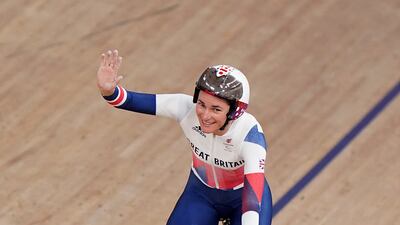 Great Britain's Dame Sarah Storey celebratesher victory. PA